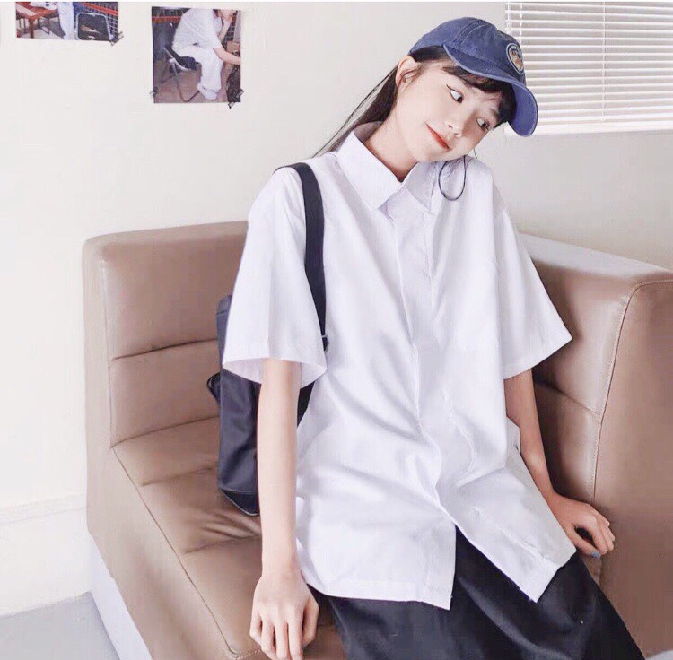 Áo sơ mi nữ, áo trắng học sinh đi học, áo sơ mi tay ngắn form rộng