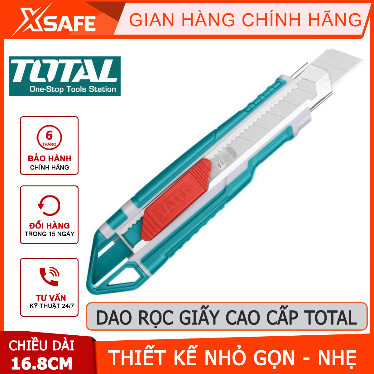 Dao rọc giấy TOTAL THT511836 | dao cắt giấy Chiều dài 168 mm, Kích thước lưỡi 18mm x 100mm cắt dán giấy, các loại hộp tiện lợi an toàn