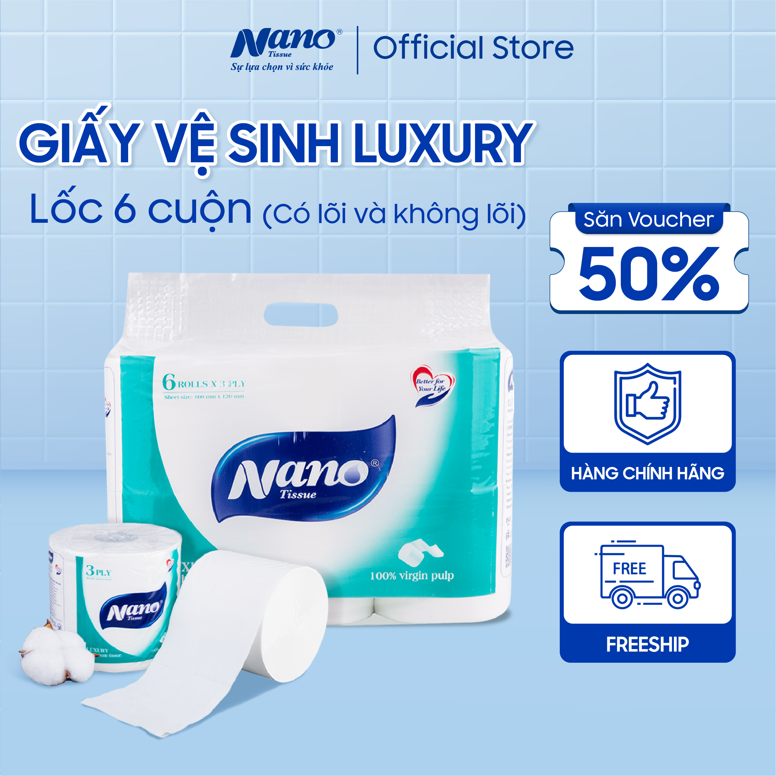 Giấy vệ sinh Luxury Nano 6 cuộn không lõi, có lõi, Bịch giấy loại dày 3 lớp an toàn tiết kiệm - Nano Tissue