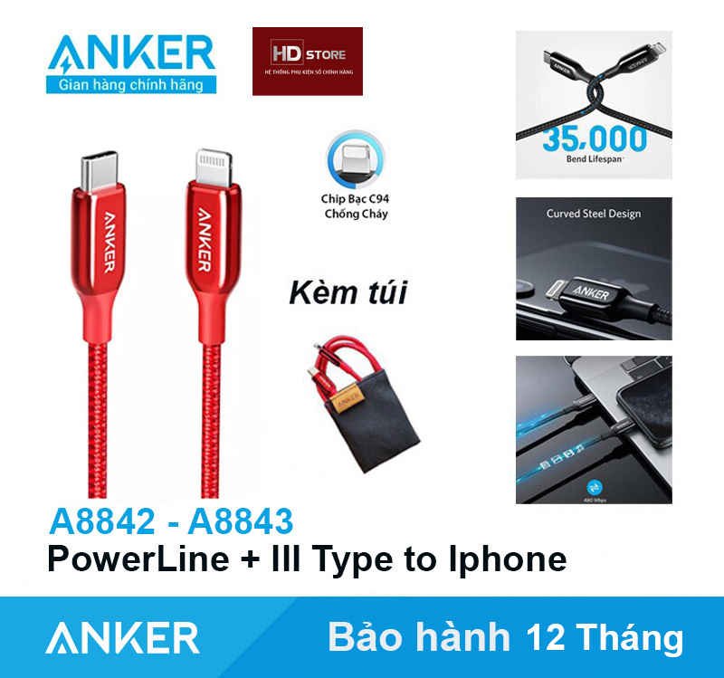 Cáp sạc nhanh anker type c to lighting iphone mfi - a8842 a8843 dài 0.9 mét 1.8 mét 20w 30w hd store