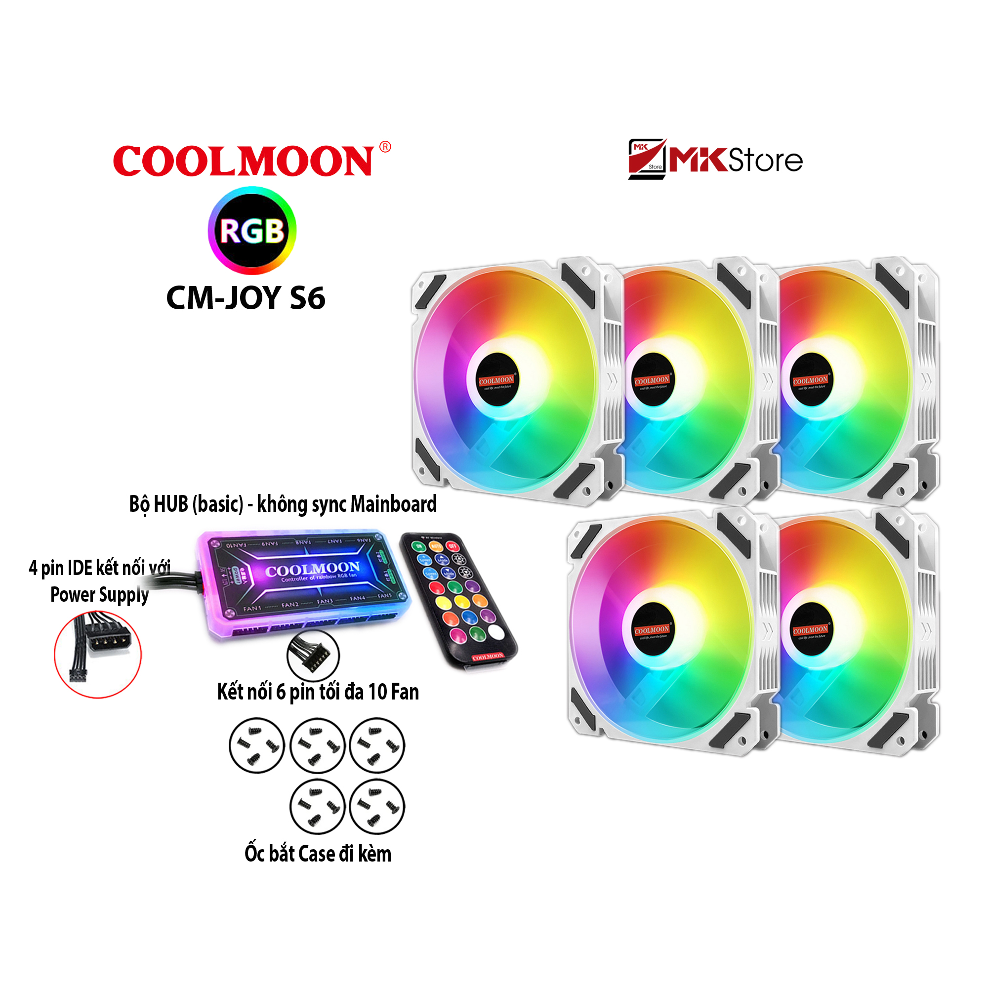 Bộ 5 quạt tản nhiệt fan coolmoon cm-joy 6 pin rgb và hub điều khiển mkstore