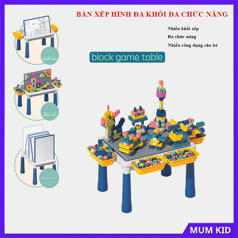 Đồ chơi cho bé đồ chơi trẻ em bàn xếp hình lego đa chức năng đa khối, kèm ghế, 2 loại xếp hình, đồ chơi trí tuệ lắp ráp lắp ghép