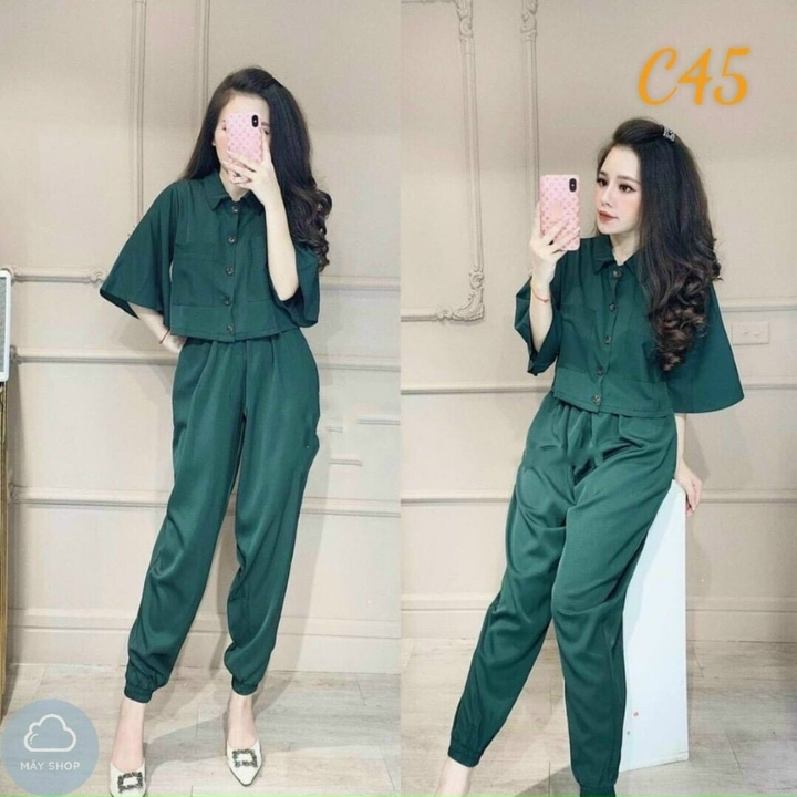 [freeship]Set bộ nữ kiểu đẹp gồm áo sơ mi croptop phối túi thời trang và quần baggy chất liệu kate cao cấp thích hợp đi chơi đi học đi du lịch phù hợp cho bạn nữ từ 55kg trở xuống tùy chiều cao