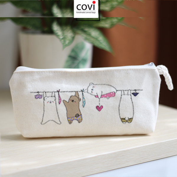 Ví vải canvas, ví đựng bút in hình ngộ nghĩnh thời trang covi trắng mộc V2