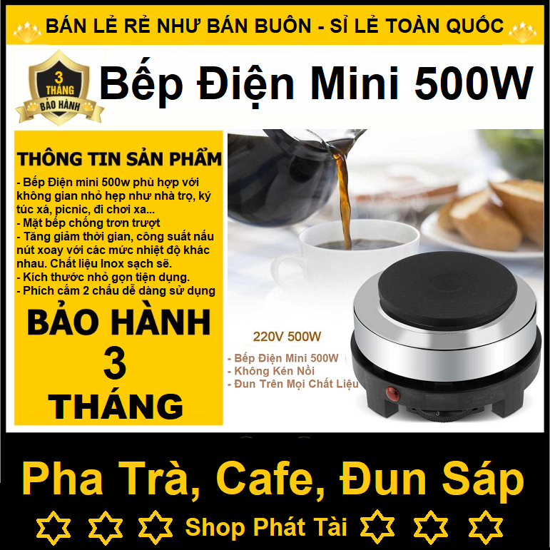 Bếp Điện Mini 500W, Bếp Điện Mini Đun Trà, Cafe, Nấu Nước, Nhỏ Gọn Tiện Lợi, Không Kén Nồi