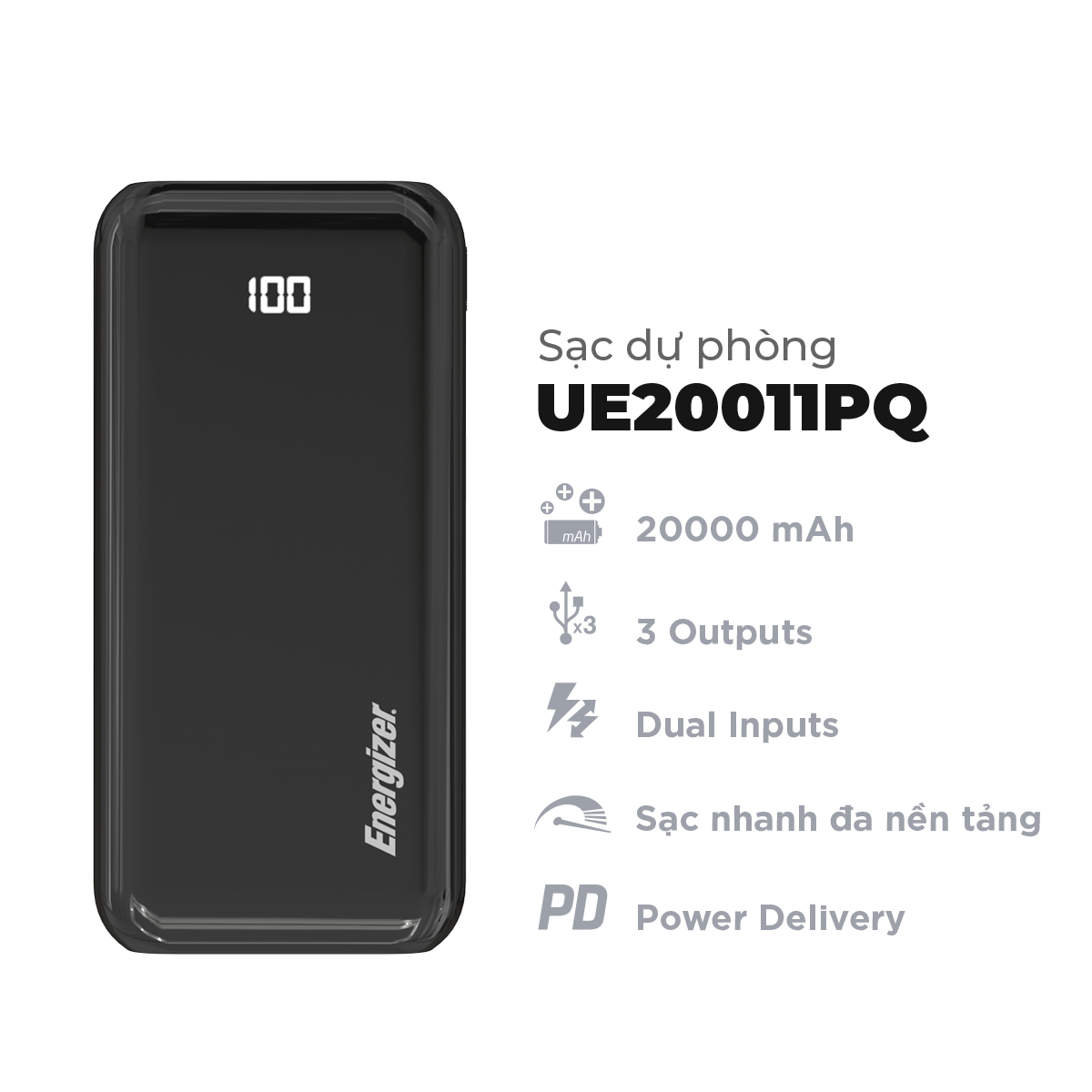 Sạc dự phòng Energizer UE20011 20,000mAh hỗ trợ sạc nhanh PD, Vooc cho tất cả các dòng điện thoại iOS, Android - Hàng chính hãng bảo hành 2 năm 1 đổi 1