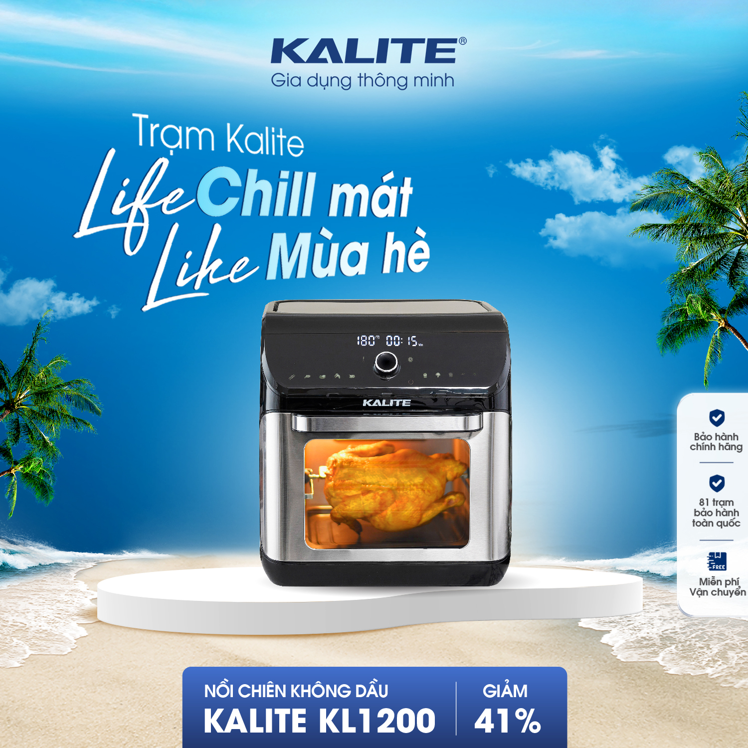  Nồi chiên không dầu Kalite KL1200 công suất 1800W dung tích lớn 12L nồi chiên đa năng chiên nướng rã đông sấy hoa quả làm bánh... bảo hành 24 tháng 