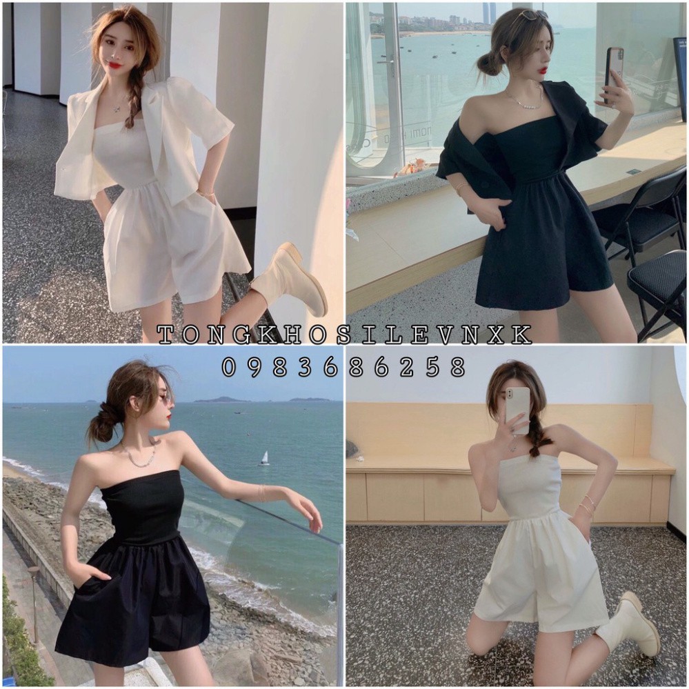 Bộ jumpsuit nữ quần cộc áo vest đũi