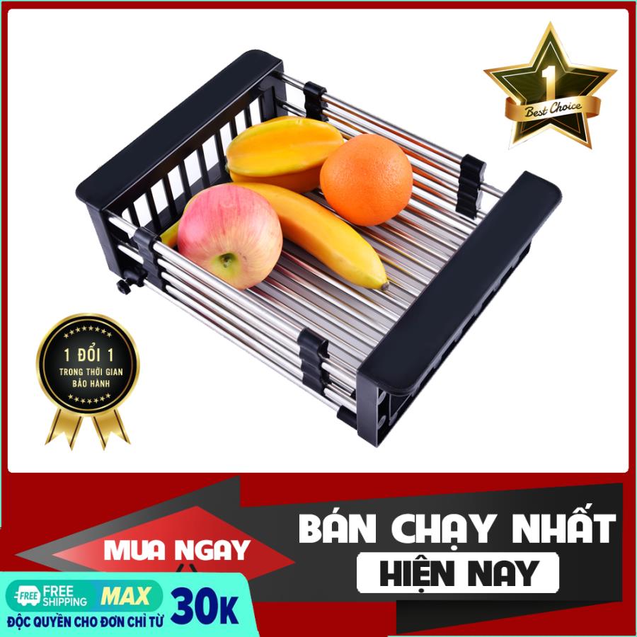 Rổ gấp gọn inox, rổ rút gọn để bồn, rổ inox để bồn tiện lợi + tặng kèm 3 thìa inox