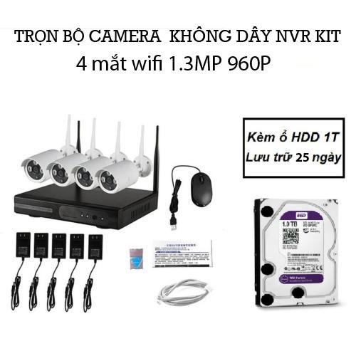 Bộ đầu ghi nvr kit wifi 4 mắt camera wifi 1.3m 960p kèm ổ hdd 1t
