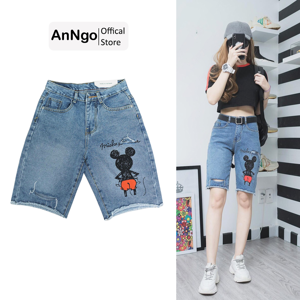 Quần jean ngố nữ hình chuột Mickey cá tính AnNgo - AT10