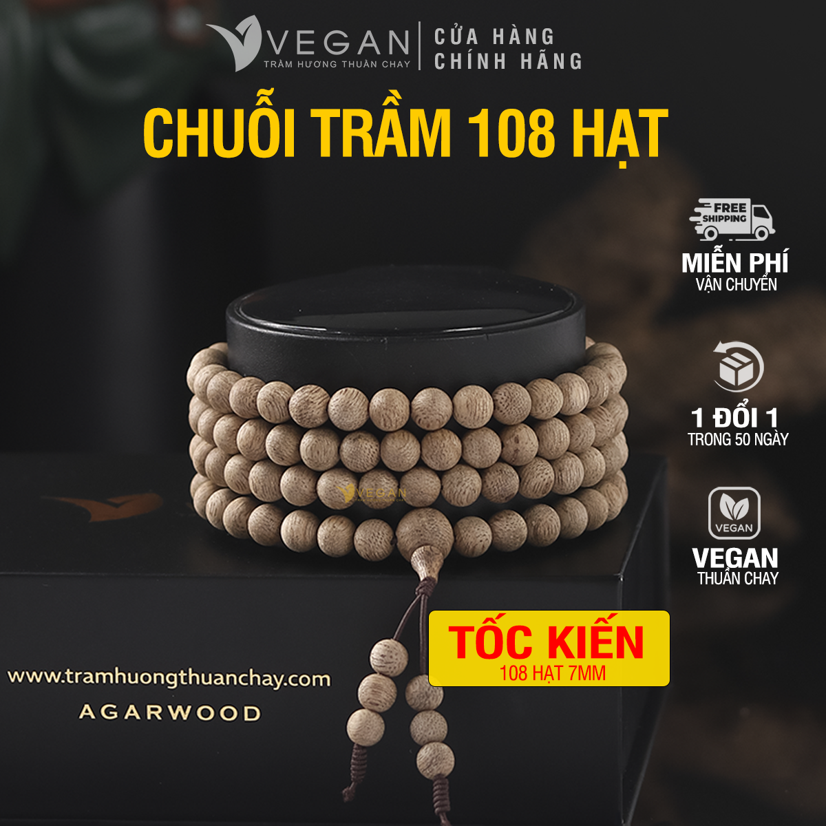 Vòng tay Trầm Hương Thuần Chay chuỗi tràng tốc kiến cao cấp 7mm 108 hạt