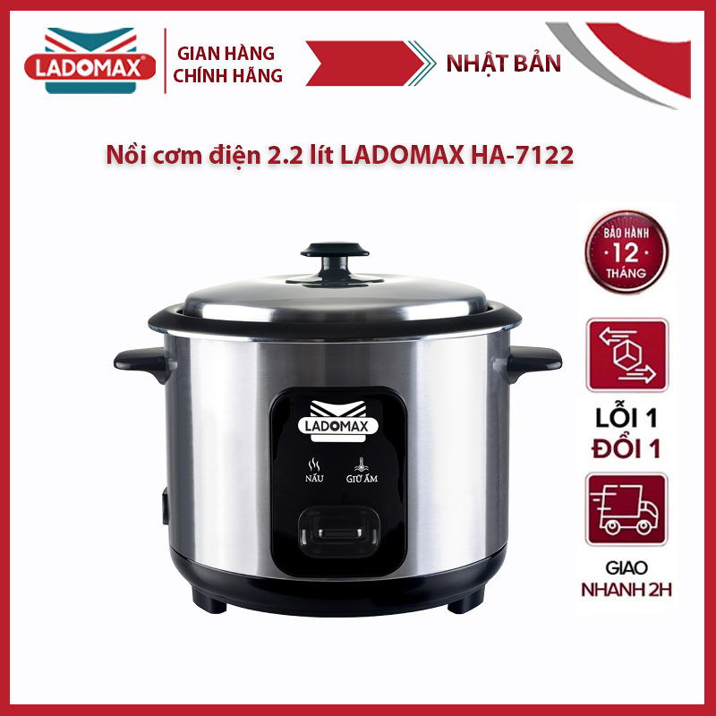 Nồi cơm điện nắp rời 2.2L LADOMAX - HA-7122 lòng nồi hợp kim nhôm phủ men chống dính siêu bền nắp bằng inox công suất 900W công nghệ 1D nấu nhanh tiết kiệm điện thiết kế thông minh- Hàng Chính Hãng - Bảo hành 12 tháng