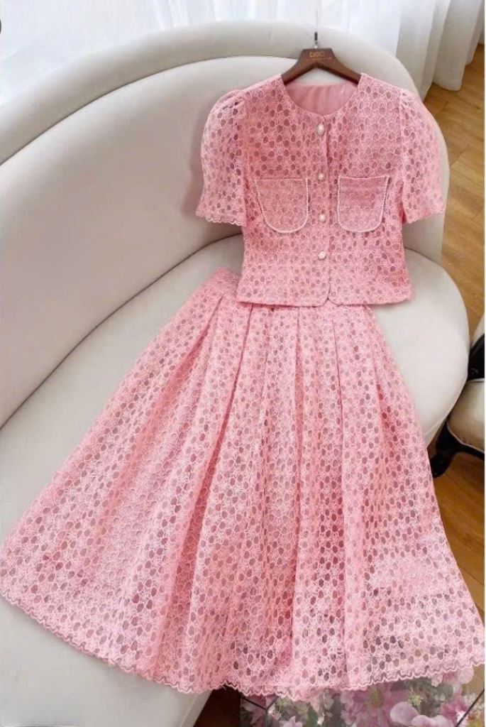 Set váy hồng nhã chất ren + kate lụa áo cài nút 2 túi chân váy xoè dài dễ thương