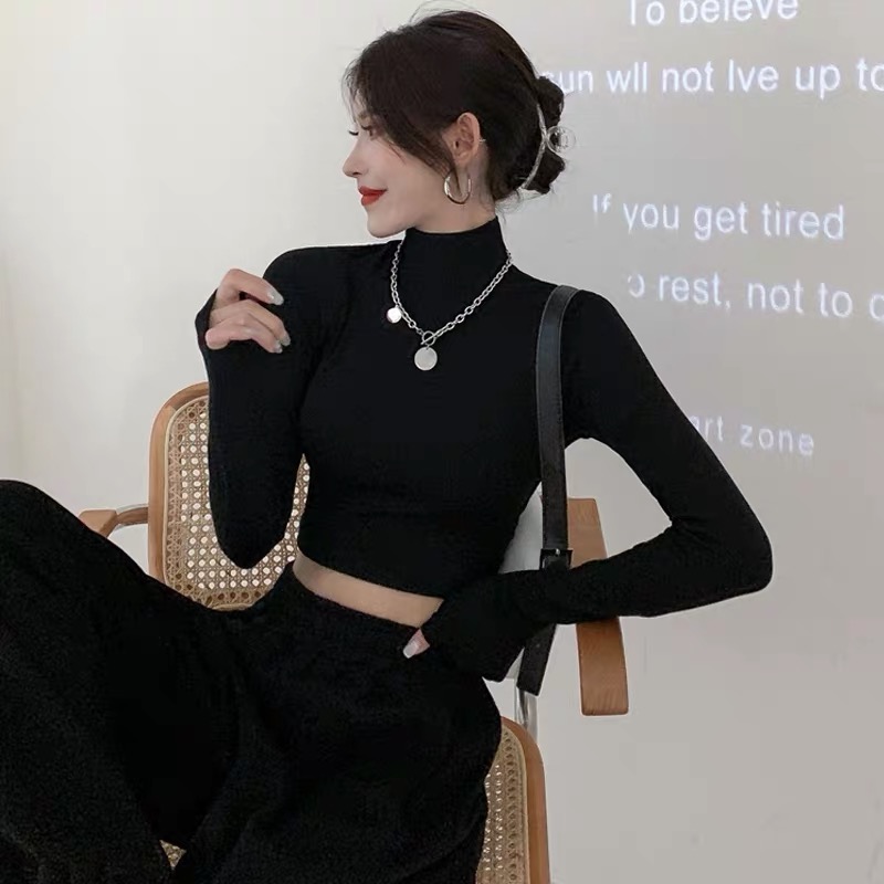 Áo croptop body cổ cao 3cm dài tay WANAWEAR áo thun len tăm ôm quyến rũ