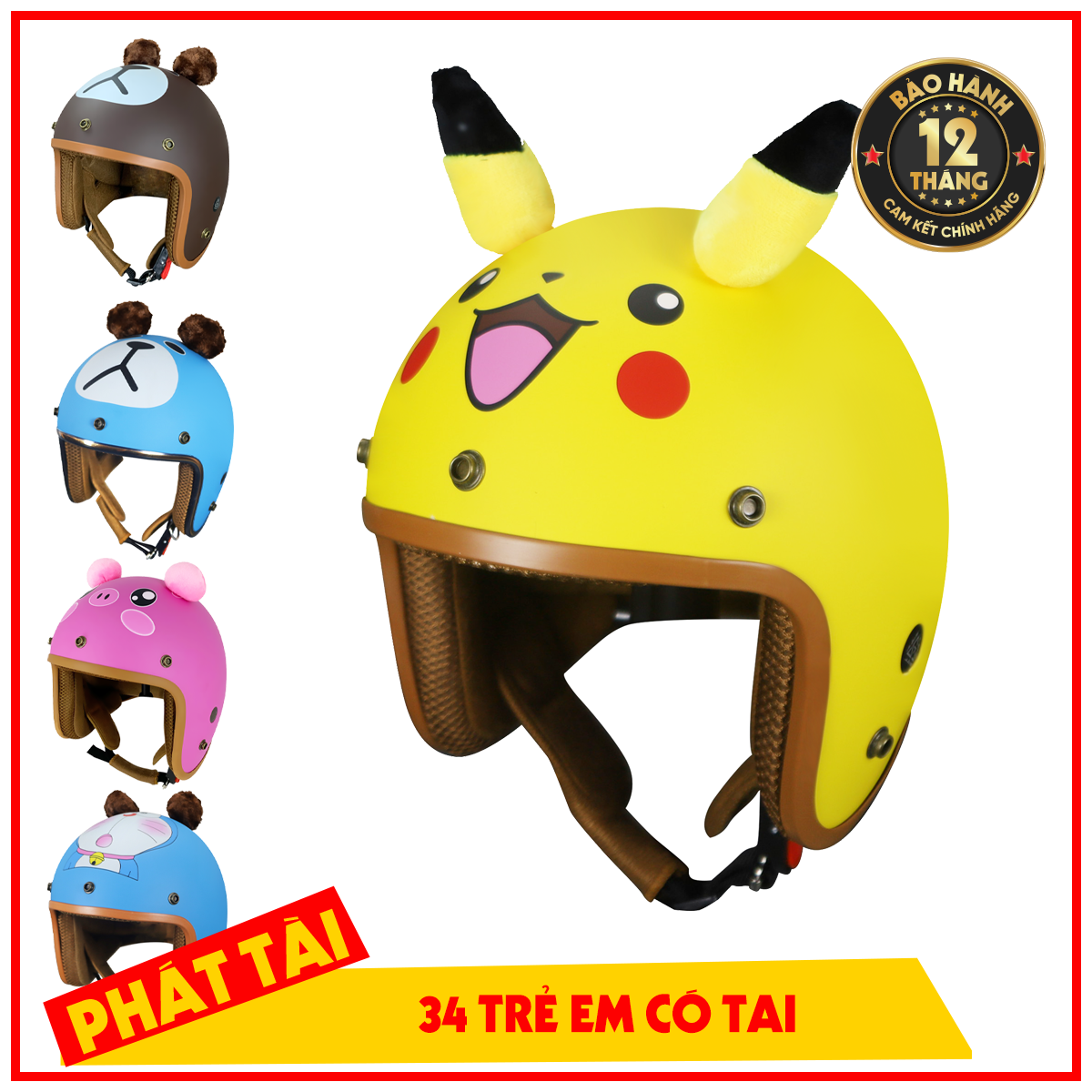 Mũ Bảo Hiểm 3/4 VARO Tem Doremon Có tai - Tặng chong chóng thần kì -Bảo Hành Chính Hãng 12 Tháng