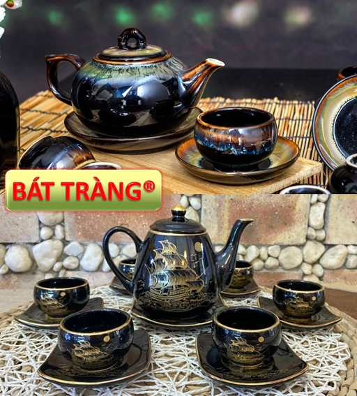ẤM TRÀ BÁT TRÀNG MEN ĐEN ÁNH VÀNG BỘ ẤM TRÀ ĐẸP GIÁ RẺ HÌNH THUYỀN BUỒM CAO CẤP