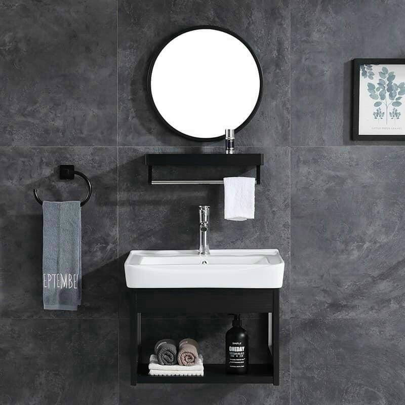 Combo lavabo tủ 4 món: tủ + chậu lavabo + gương + kệ gương