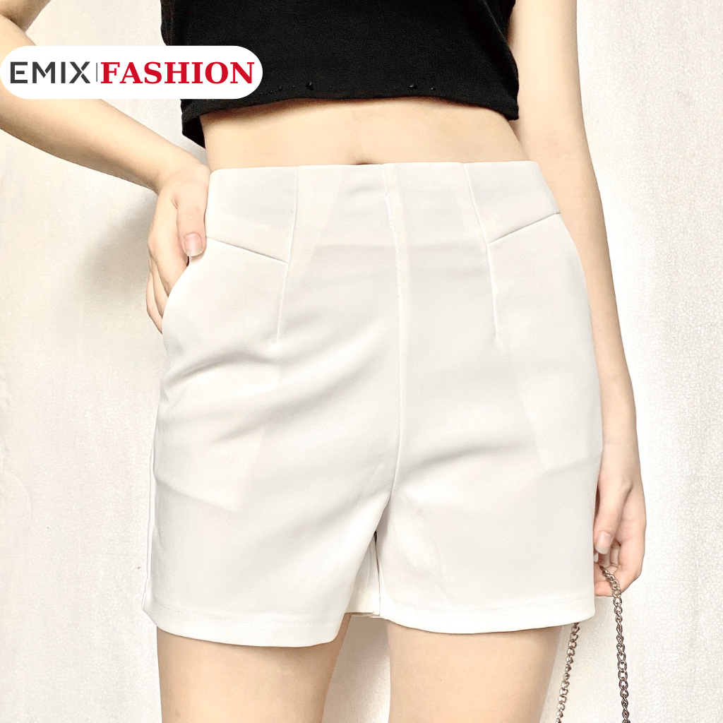 Quần đùi nữ cạp cao EMIX (3 màu), dáng ngắn, short khóa sau lưng, 2 túi bo eo, ống rộng vừa, chất tuyết mưa, mềm nhẹ