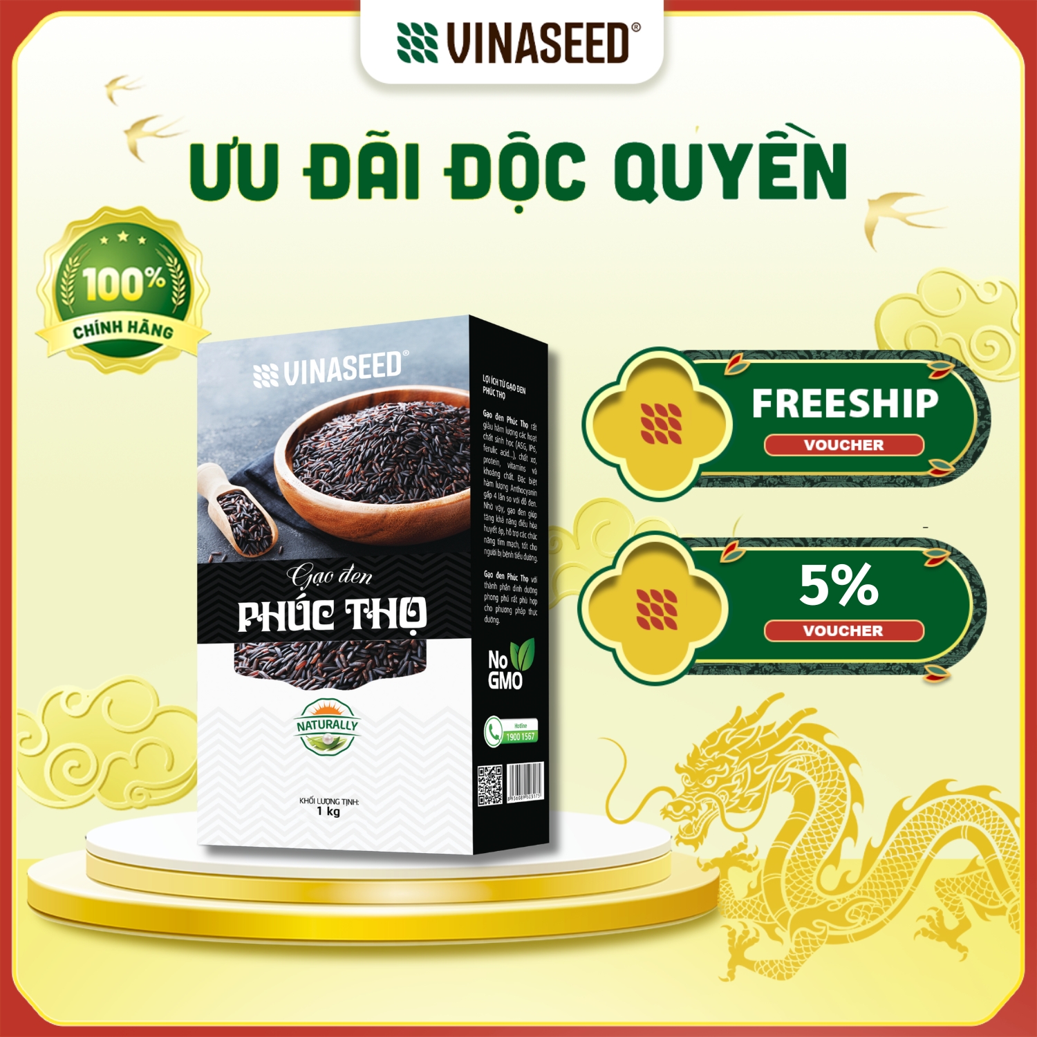 Gạo Lứt Đen Phúc Thọ Vinaseed túi 1kg - Gạo tím than dẻo dành cho người giảm cân, thực dưỡng, ăn kiêng, tiểu đường, béo phì