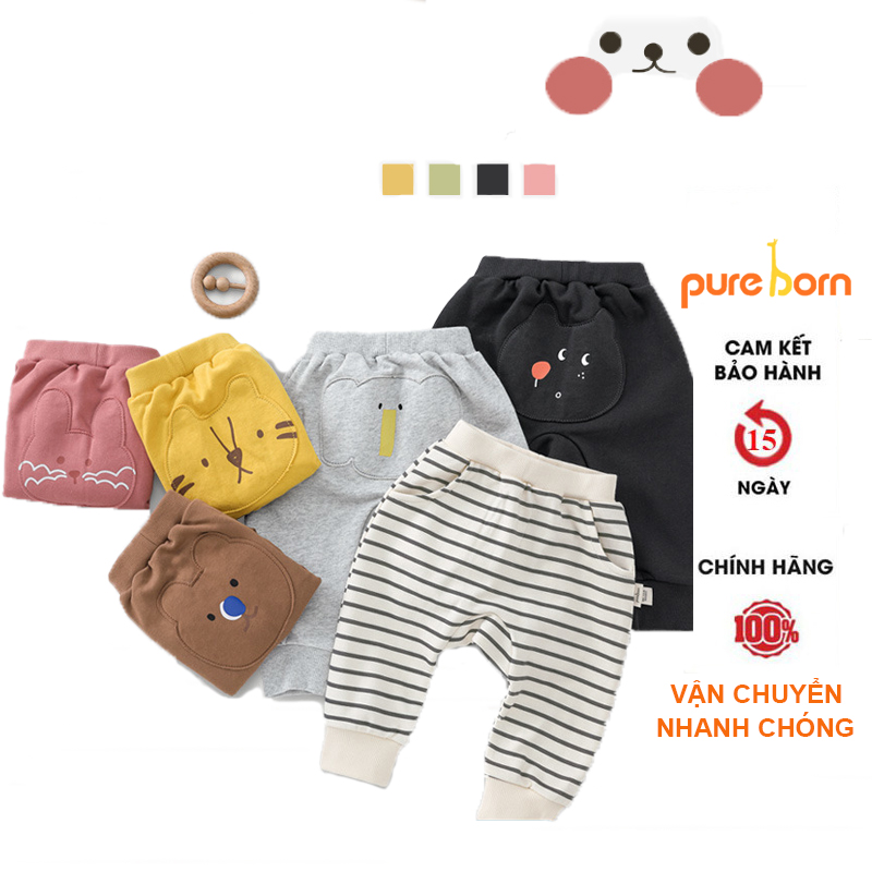 Quần Bé Trai, Bé Gái PURE BORN Vải Nỉ Da Cá Dày Ấm Mông mặt thú, Quần Dài Cho Bé Mặc Nhà Thu Đông T36