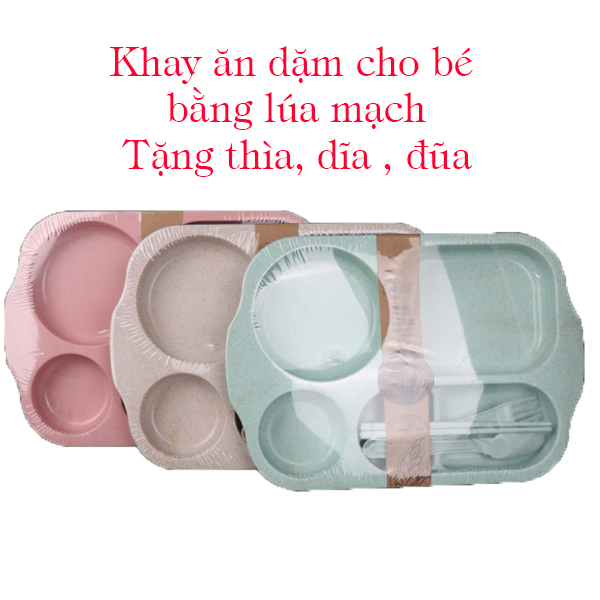 Khay ăn dặm cho bé bằng lúa mạch nhiều ngăn. Tặng thìa dĩa đũa cho bé