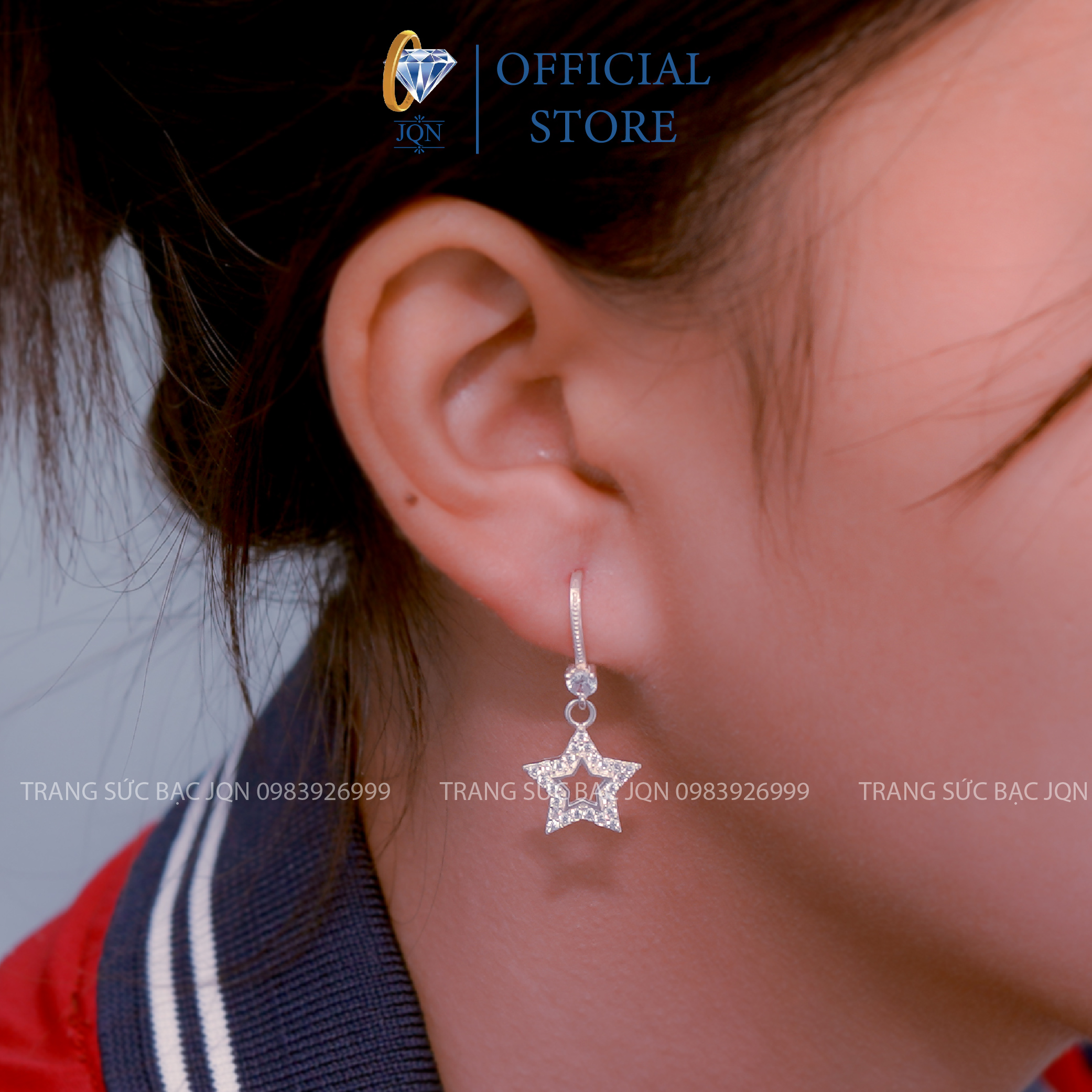 Khuyên tai bạc nữ jqn bông tai bạc hình ngôi sao đính đá