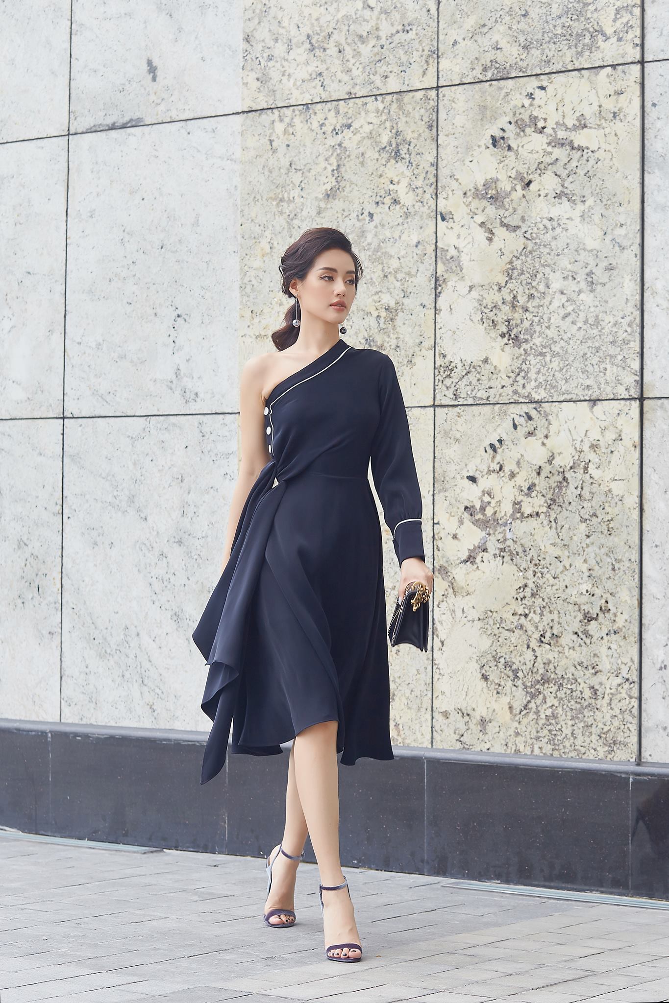 So by so - indi đầm xéo vai dài tay, cột eo