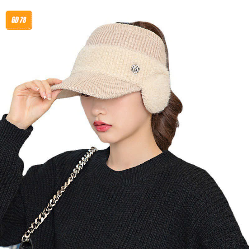 Mũ Len Nữ Dệt Kim Hở Chóp Màu Trơn Giữ Ấm Tai Thời Trang Thu Đông, Nón Mùa Đông Nỉ Bông GD78