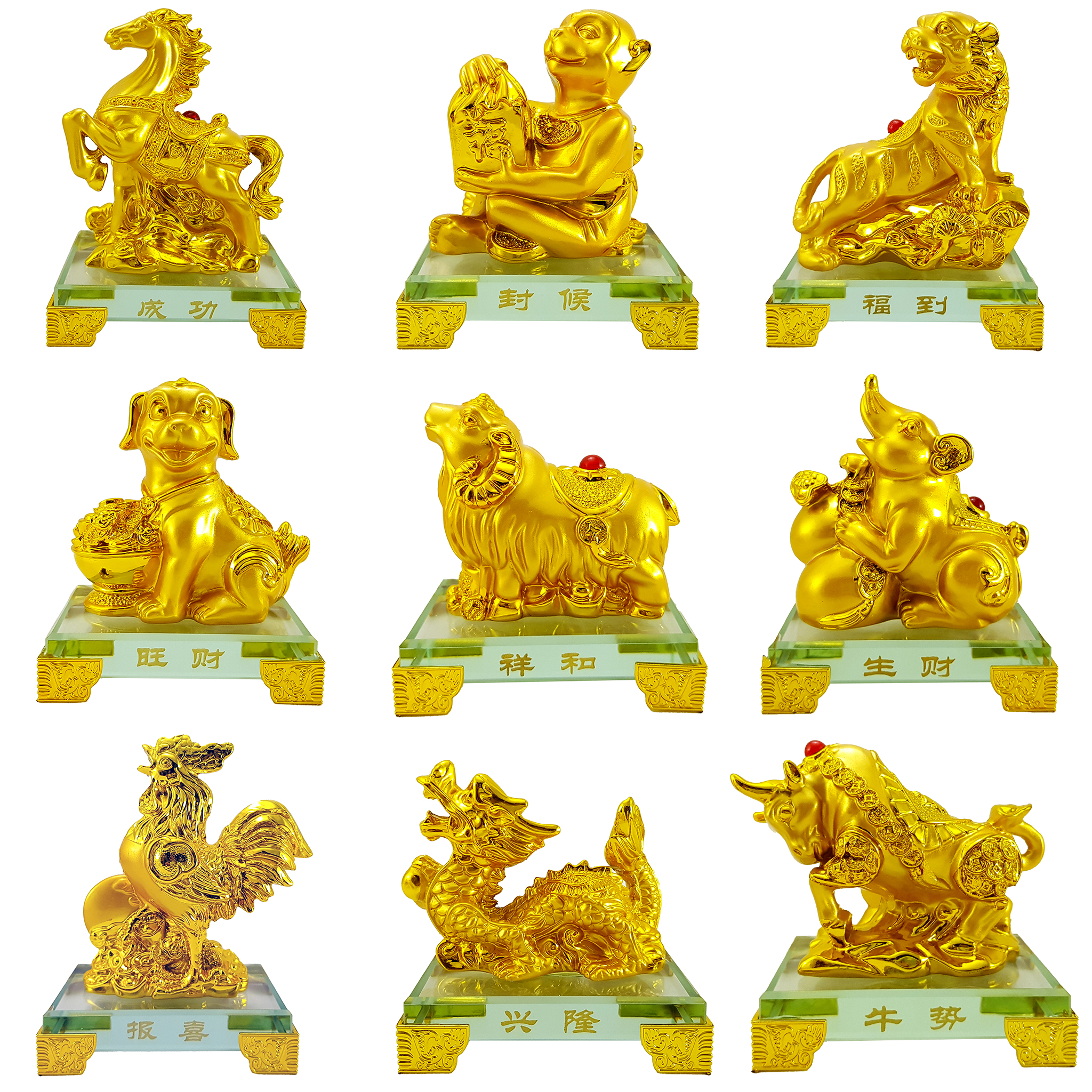 Tượng 12 Con Giáp phong thủy màu mạ vàng đế kính