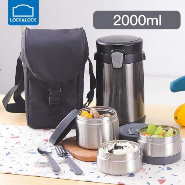 Bộ hộp cơm inox kèm túi giữ nhiệt lock&lock LHC8034, nhỏ gọn, tiện dụng mang đồ ăn theo