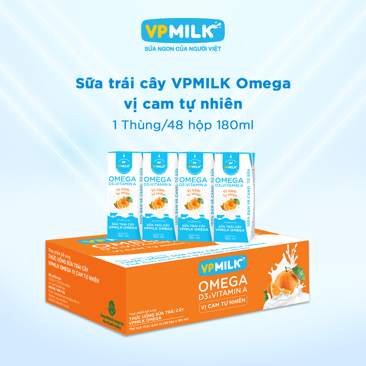 [Thùng 48 hộp 180ml] Sữa trái cây VPMILK Omega vị CAM tự nhiên hộp dành cho bé trên 1 tuổi