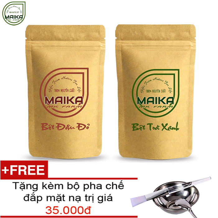 Combo Bột Trà Xanh + Bột Đậu Đỏ - Nguyên Chất MK Farm - (50g/túi) + Tặng Bộ Đắp Mặt