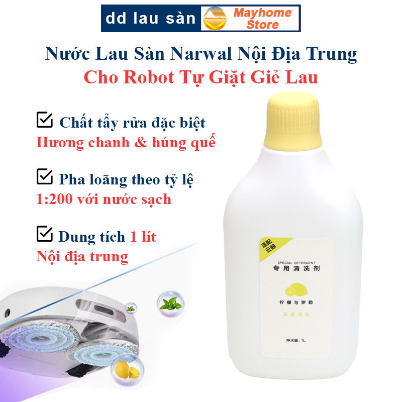 Nước Lau Sàn Cho Robot Tự Giặt Giẻ Lau Narwal, Nội Địa Trung, Mùi Hương Chanh và Húng Quế, Chai 1 Lít/