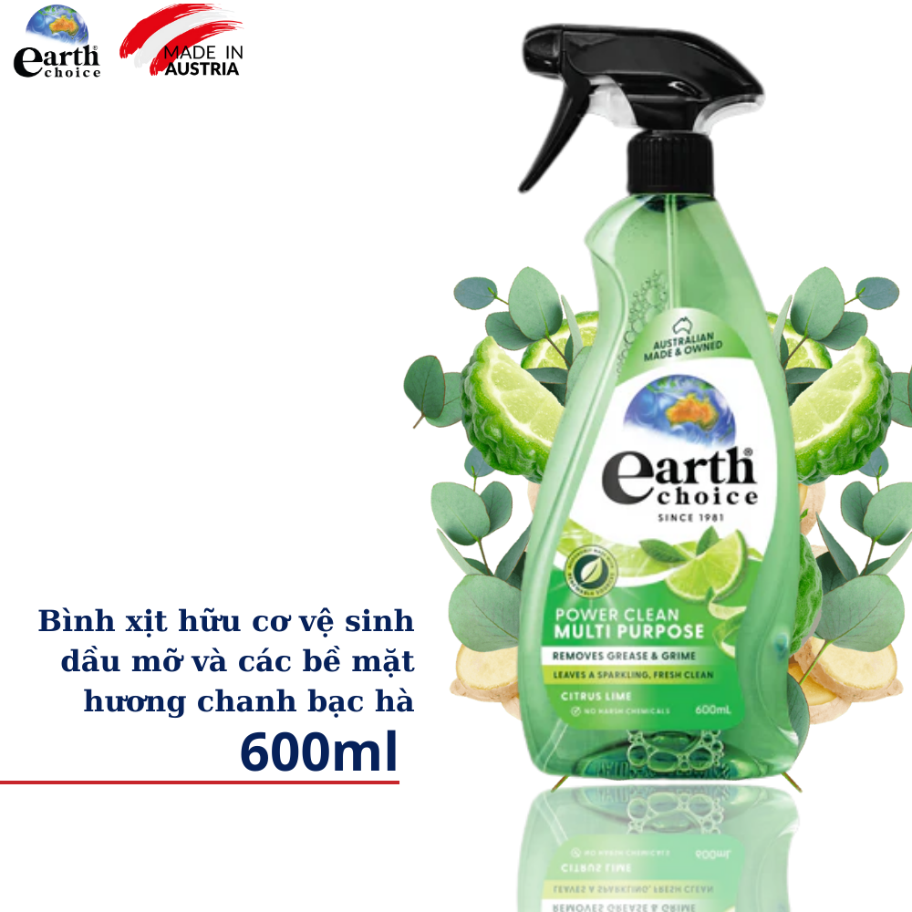 Earth Choice Multi-Purpose Kitchen Cleaner Spray with Lime Scent 600ml - Organic Oil & Grease Remover