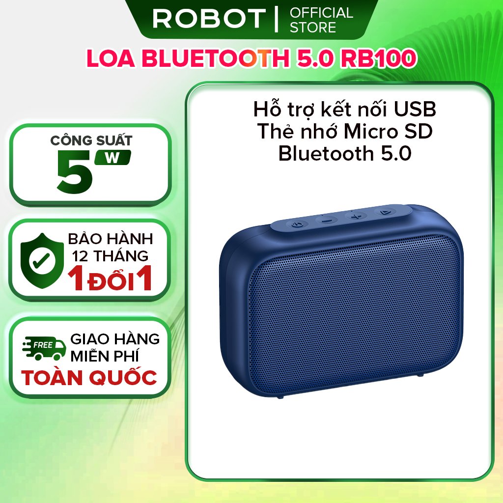 Loa bluetooth Robot RB100 công suất 5W phiên bản nâng cấp hỗ trợ thẻ nhớ USB kết nối 2 loa TWS sử dụng tới 8h màu xanh thiết kế mini nhỏ gọn