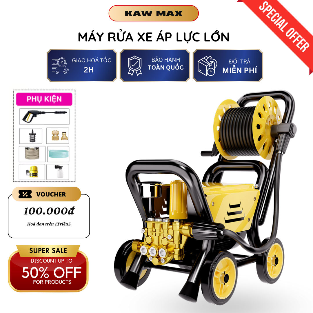 Máy rửa xe áp lực cao, máy rửa xe bán công nghiệp KAW dây dài, thiết kế 4 bánh xe, lõi đồng 100% xịt rửa ô tô xe máy, sân vườn dễ dàng