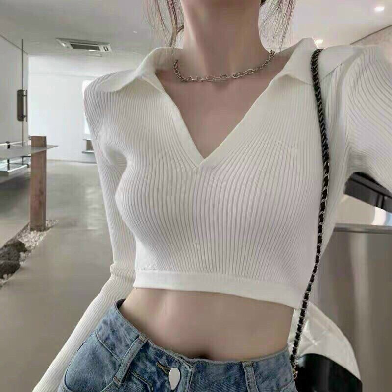 Áo Croptop Nữ - Áo Chất Liệu Thun Co Giản - Thiết Kế Cổ Chữ V Tay Dài Phía Sau Hở Lưng Cột Nơ