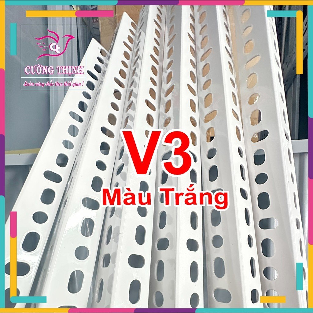 Thanh sắt v lỗ, v3 dài 30cm,40cm,50cm,60cm,80cm,100cm,120cm,150cm.dày 1.6ly. màu trắng lắp ráp kệ sắt.