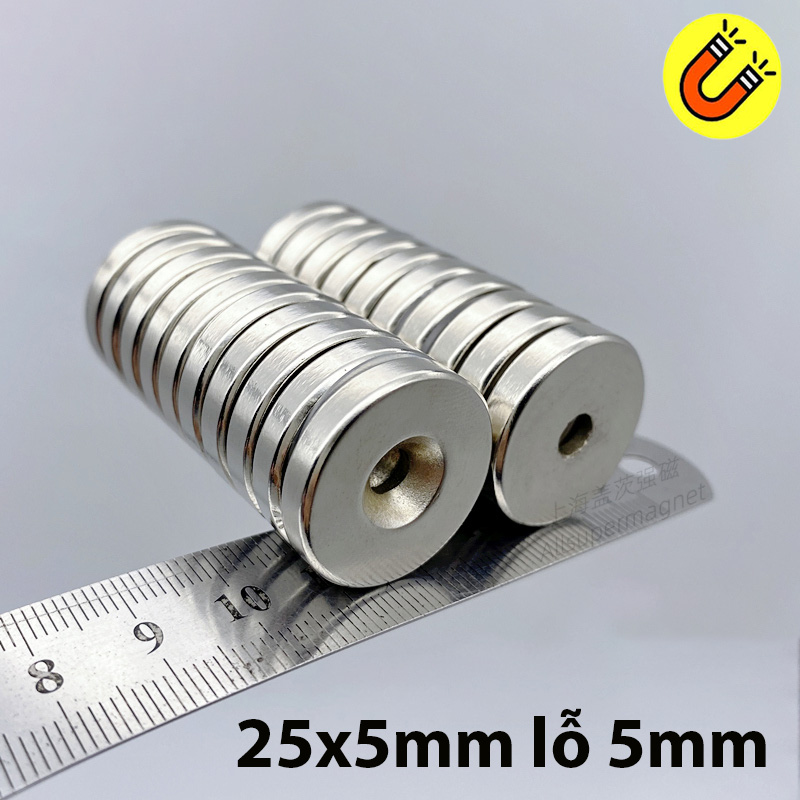 Nam châm viên đất hiếm 25x5 lỗ 5mm mạ Niken từ tính N35