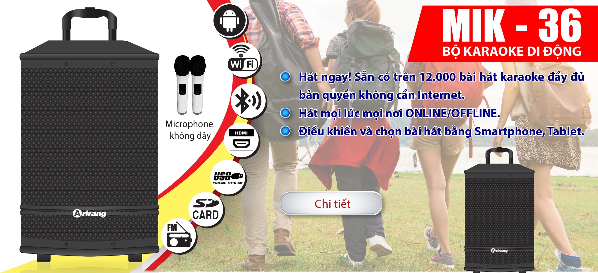 Loa Kéo Arirang MIK36 4 tấc chính hãng Kèm 2 Micro không dây âm thanh 800W đỉnh lớn hát ngoài trời gia đình chất lượng + tặng kèm 2 chống lăn