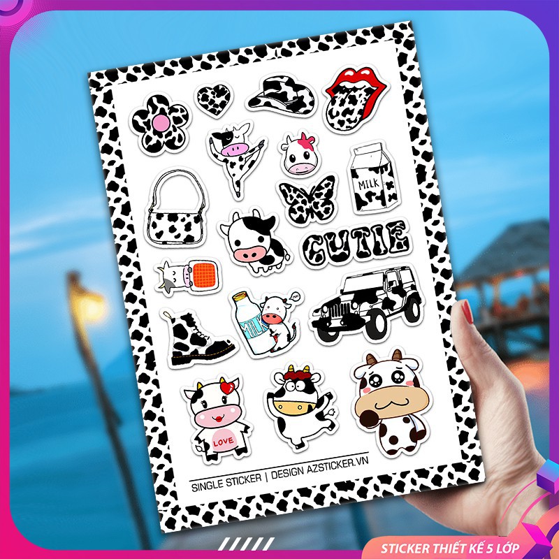 Sticker bò sữa siêu cute dán mũ bảo hiểm, sách, vali, laptop chống nước