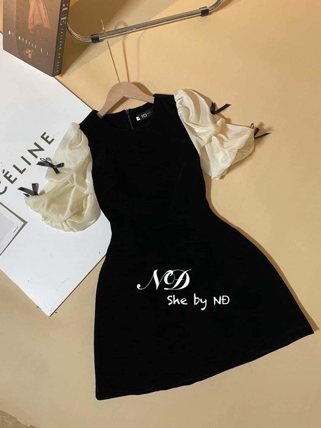 Đầm dạo phố chất nhung phối tay voan đính nơ xinh xắn - Bow Dress