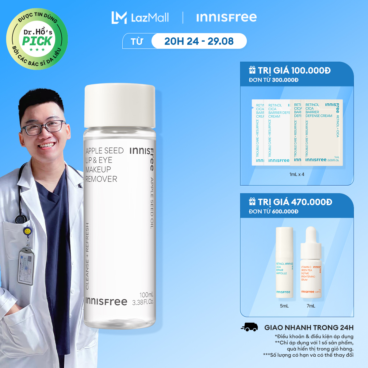 Sản phẩm tẩy trang mắt và môi INNISFREE Apple Seed Lip & Eye Remover 100ml