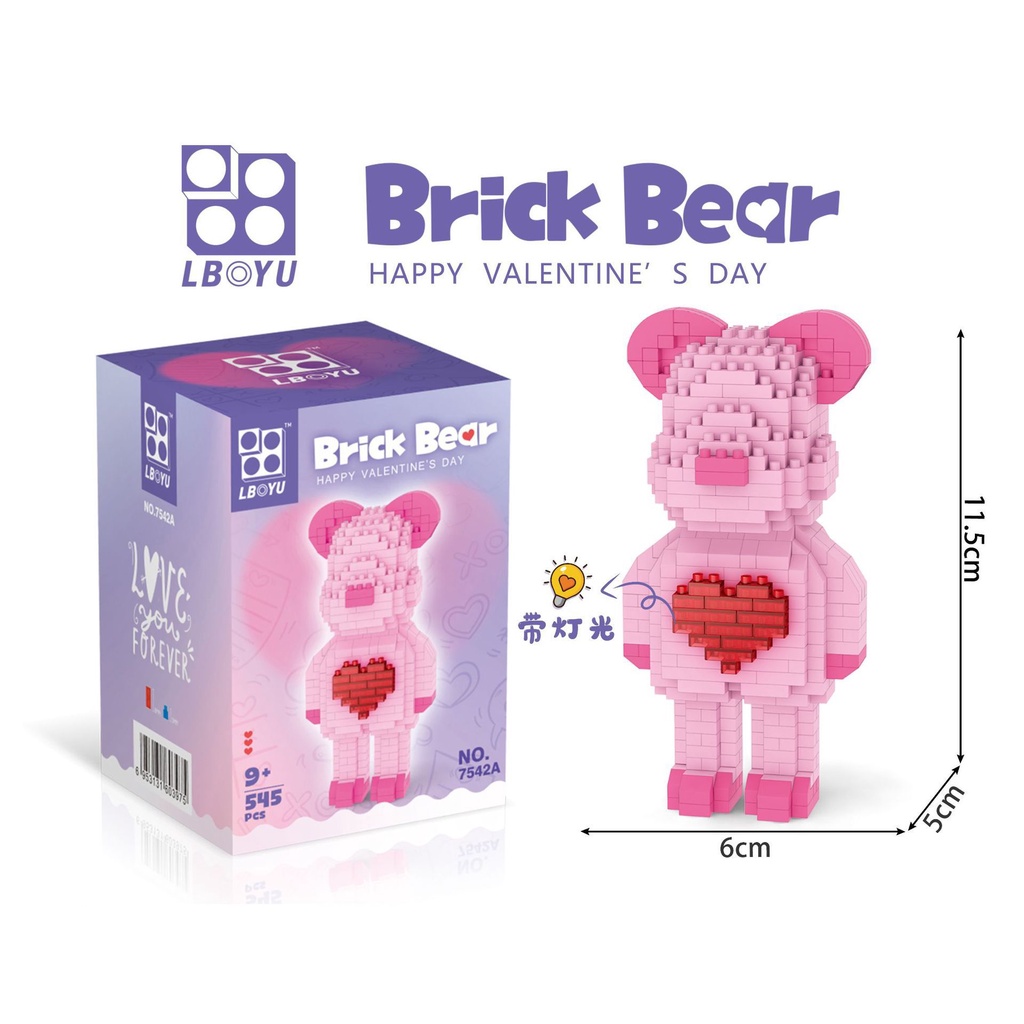 Đồ chơi mô hình lego gấu tình yêu gấu hồng tặng đèn led, bearbrick 3D size 12cm lắp ráp xếp hình, bearbrick mini 3D