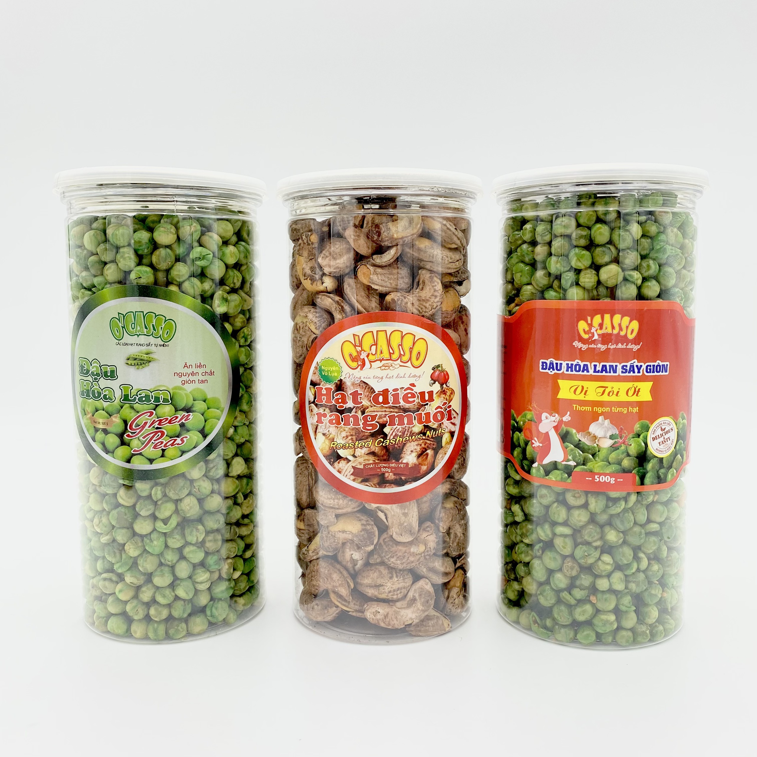 Combo 3 Hộp Hạt Điều Rang Muối Vỏ Lụa Cồ + Đậu Hà Lan Sấy Giòn Vị Tỏi Ớt + Đậu Hà Lan Sấy Giòn Vị Muối OCasso (500g/Hộp Nắp Thiếc)