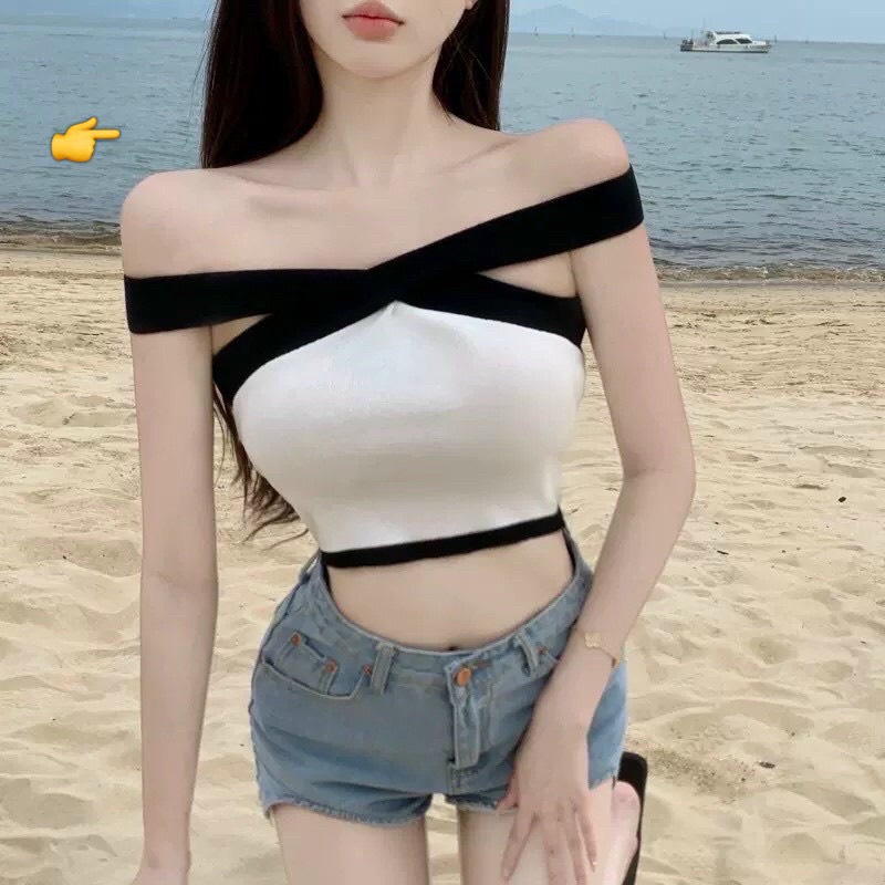 Áo kiểu yếm chéo cổ viền dây màu kiểu dáng croptop cực xinh , chất thun bozip mềm mịn