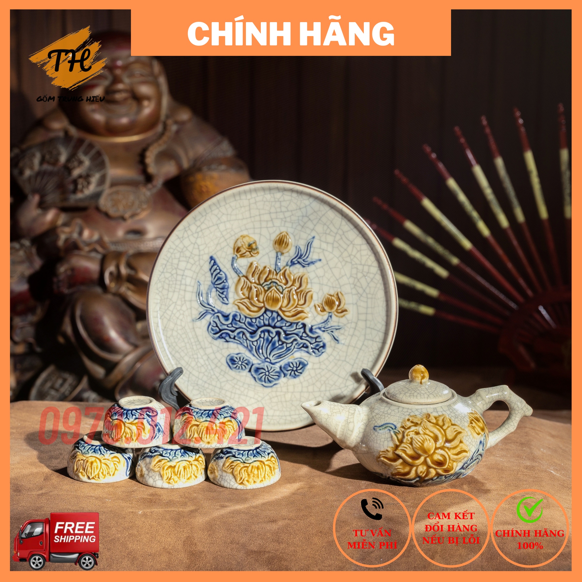 Bộ ấm chén thờ men rạn đắp nổi Bát Tràng