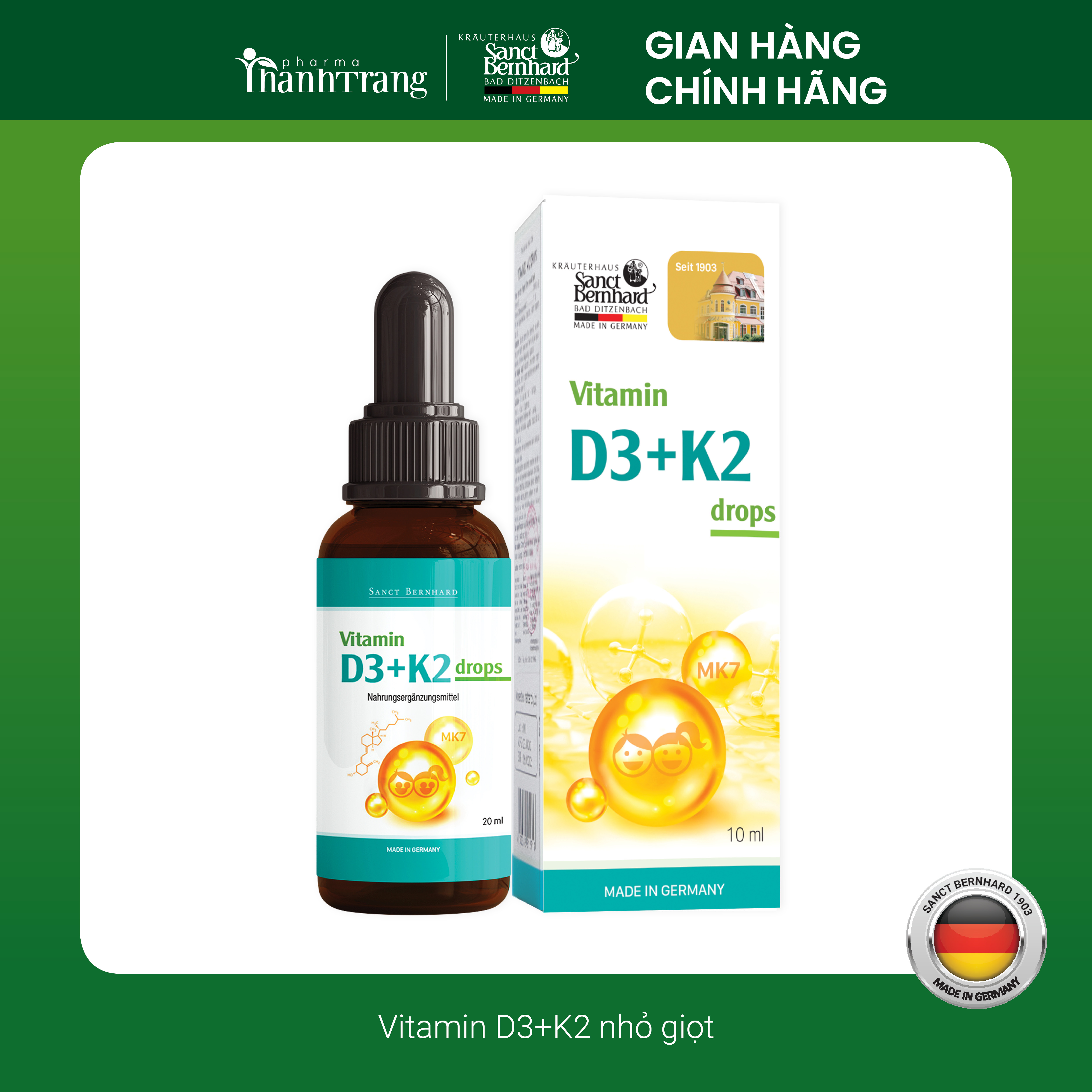 (Giảm 20%) Vitamin D3 K2 MK7 Sanct Bernhard hấp thu gấp đôi Canxi trong 1 giọt, phát triển chiều cao cho trẻ tối đa -  ĐỨC (20ml)