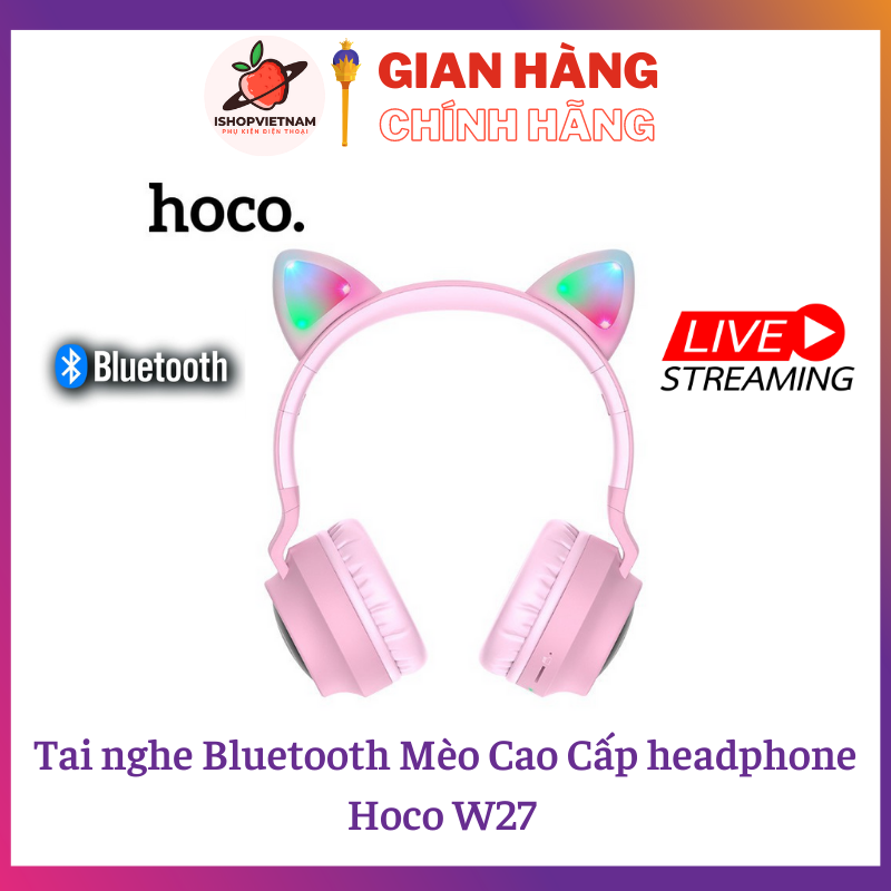 Tai nghe chụp bluetooth hoco w27 tai mèo nháy đèn led